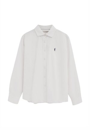 Biała koszula na długi rękaw z guzikami, kołnierzykiem oraz małym granatowym logo zawodnika polo na lewej piersi.