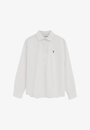 Weißes langärmliges Hemd mit Knopfleiste, Kragen und kleinem dunkelblauem Polo-Spieler-Logo auf der linken Brust.