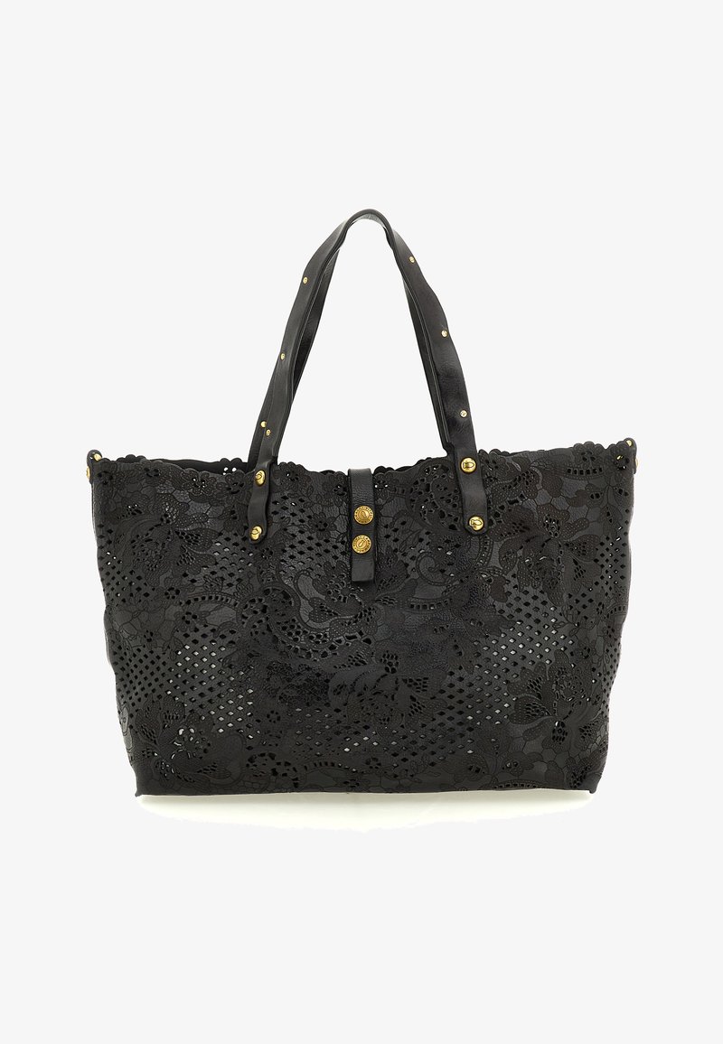 Borsa a spalla nera con motivi floreali tagliati al laser, doppi manici con borchie dorate e una fascetta frontale con bottoni a pressione dorati.