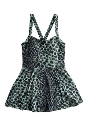 Mouwloze jurk met luipaardprint, aansluitend lijfje, uitlopende rok en gekruiste bandjes aan de achterkant in groene en zwarte tinten.