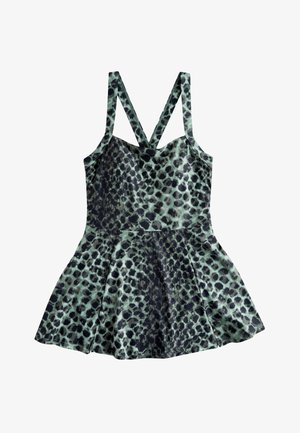 Robe sans manches à imprimé léopard, corsage ajusté, jupe évasée et bretelles croisées dans le dos aux tons verts et noirs.