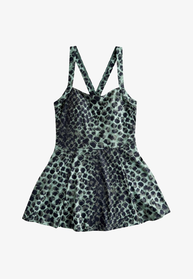 Robe sans manches à imprimé léopard, corsage ajusté, jupe évasée et bretelles croisées dans le dos aux tons verts et noirs.