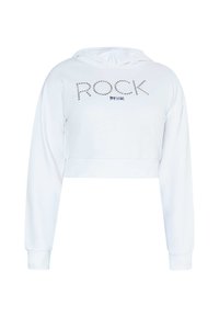 Vit kortärmad hoodie med dragsko i huvan. Har en tryckt design "ROCK my soul" i svart med prickiga detaljer över framsidan.