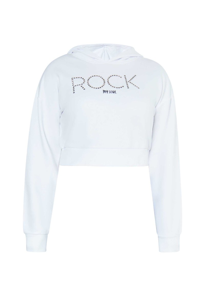Vit kortärmad hoodie med dragsko i huvan. Har en tryckt design "ROCK my soul" i svart med prickiga detaljer över framsidan.