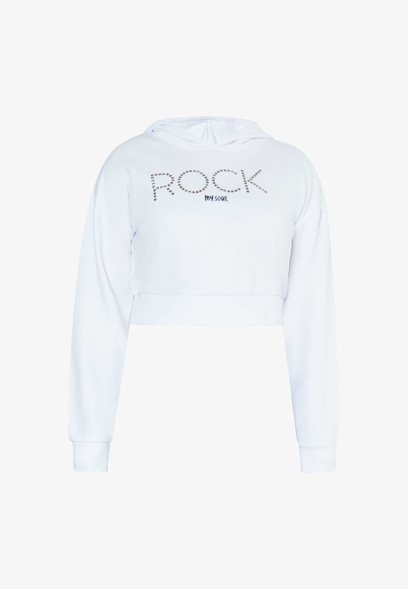 Fehér, rövidített kapucnis pulóver húzózsinórral. Az elülső részen fekete nyomtatott "ROCK my soul" felirat található, pöttyös kiegészítőkkel.