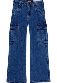 Blå denim cargobyxor med en vid benform, som har framfickor och sidofickor, förstärkt sömnad och en klassisk knäppning.