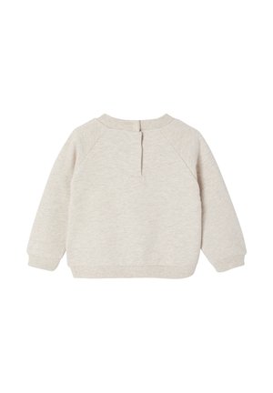 Helles beiges Sweatshirt mit Rundhalsausschnitt, Raglanärmeln und gerippten Bündchen. Der Rücken hat einen Knopfverschluss. Weicher, strukturierter Stoff.