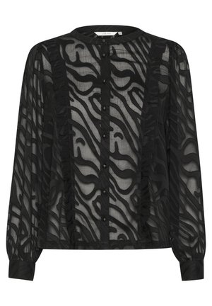 Black blouse with sheer fabric, featuring textured zebra-like pattern, ruffle detailing along the button placket, and gathered cuffs.