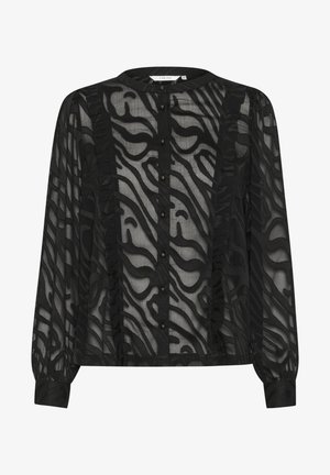 Črna bluzica iz prosojnega materiala z teksturiranim zig-zag vzorcem, ruffles detajli ob zapenjalni ploskvi in gathered manšetami.