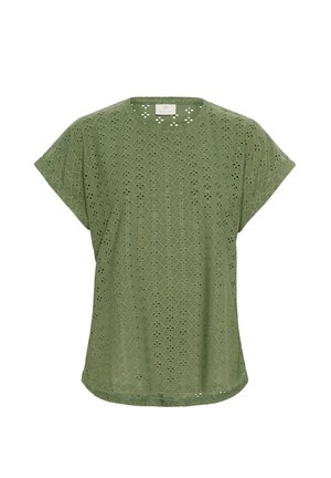 Grön kortärmad topp med diamantformade utskärningar, rundad halsringning och avslappnad passform. Strukturerad tyg med en andningsbar design.