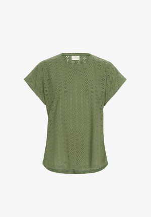 Zelený top s krátkým rukávem a diamantovými výřezy, zaobleným výstřihem a volným střihem. Texturovaná látka s prodyšným designem.