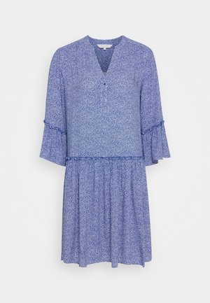 Blue floral dress with a V-neck, three-quarter sleeves, and ruffled accents. Flowy texture and knee-length design enhance comfort.