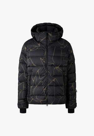 Schwarze Daunenjacke mit großer Kapuze, ausgestattet mit einem abstrakten olivgrünen Muster. Sie hat seitliche Reißverschlusstaschen und gerippte Bündchen.