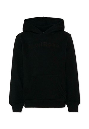 Sweat à capuche noir avec poche kangourou frontale et logo "John Richmond" subtilement embossé sur la poitrine.