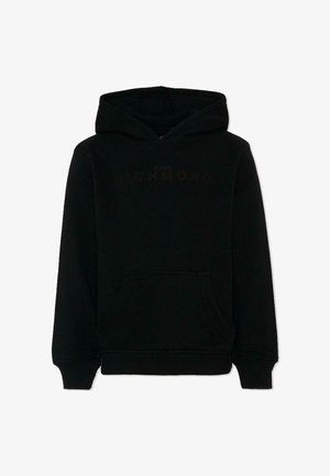 Felpa nera con cappuccio, tasca frontale a marsupio e logo "John Richmond" in rilievo sottile sul petto.