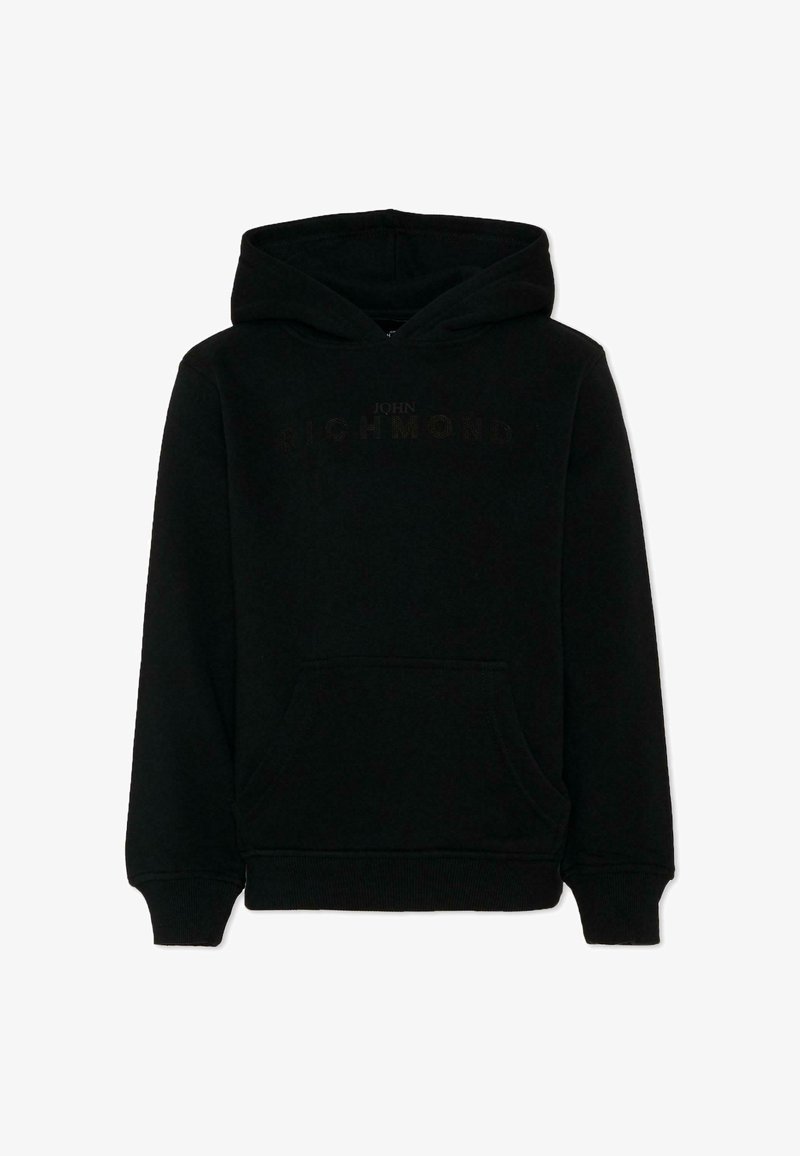 Sweat à capuche noir avec poche kangourou frontale et logo "John Richmond" subtilement embossé sur la poitrine.