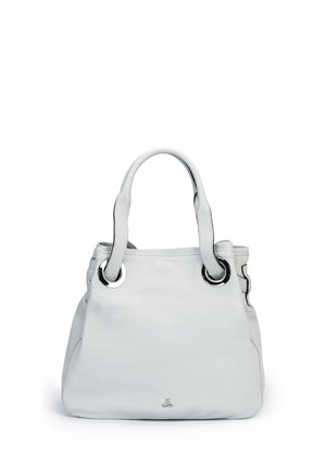 White leather handbag with double handles threaded through large metal eyelets, structured shape, and small logo near the base.