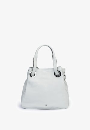 White leather handbag with double handles threaded through large metal eyelets, structured shape, and small logo near the base.