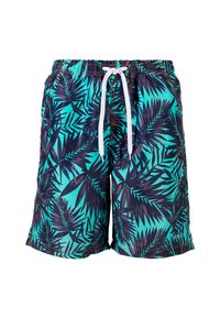 Swim shorts in aqua blue with black palm leaf pattern. Features an elastic waistband with a white drawstring. Made from lightweight fabric.