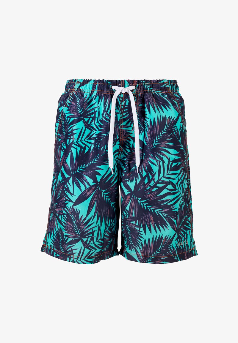 Schwimmshorts in Aqua-Blau mit schwarzem Palmenblatt-Muster. Sie verfügen über einen elastischen Bund mit einer weißen Kordel. Hergestellt aus leichtem Stoff.