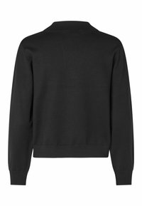 Must mustriga mustre, pikad varrukad, soonikkoes ja otstes sirge äär. Sile tekstuur ja minimalistlik disain.