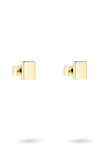 Guld fyrkantiga studsörhängen med polerad yta, tydligt definierade kanter och en subtil varumärkesgravyr på sidan.