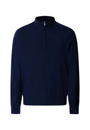 Námornícky modrý pulóver s pozdĺžnym zipsom a imitovaným golierom, rebrovanými manžetami a textúrovaným povrchom. Obsahuje malé logo na hrudi.
