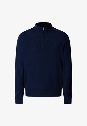 Tamno plavi pulover s četvrtim zipom i lažnim ovratnikom, rebrastim manžetama i teksturiranom površinom. Ima mali logo na prsima.