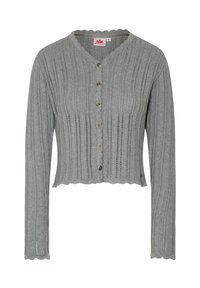 Grauer Strickcardigan mit verkürztem Schnitt, ausgestattet mit einem gewellten Ausschnitt und Knopfverschluss sowie vertikaler Rippstruktur.
