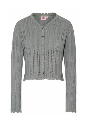 Grauer Strickcardigan mit verkürztem Schnitt, ausgestattet mit einem gewellten Ausschnitt und Knopfverschluss sowie vertikaler Rippstruktur.