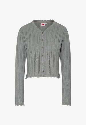 Grauer Strickcardigan mit verkürztem Schnitt, ausgestattet mit einem gewellten Ausschnitt und Knopfverschluss sowie vertikaler Rippstruktur.