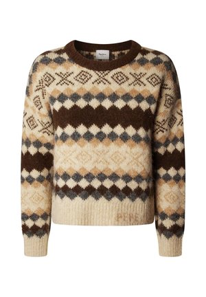 Strickpullover mit einem Rautenmuster in Brauntönen, Beige und Grau. Rundhalsausschnitt, lange Ärmel und aus strukturiertem, weichem Material.