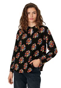 Black blouse featuring colorful floral patterns in red, orange, and blue. Long sleeves with a keyhole neckline and relaxed fit.