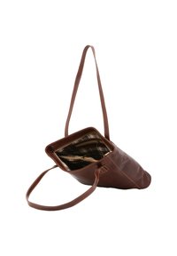 Borsa tote in pelle marrone con zip, dotata di una fodera interna a scacchi, due manici e una forma strutturata.
