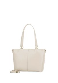 Borsa a spalla in pelle beige con superficie testurizzata, doppio manico e tracolla rimovibile. Presenta una cucitura centrale e dettagli in metallo.