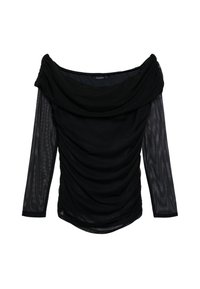 Schwarzes schulterfreies Oberteil mit langen, transparenten Ärmeln, frontaler Drapierung und strukturiertem Stoff, das eine glatte, figurbetonte Silhouette zeigt.