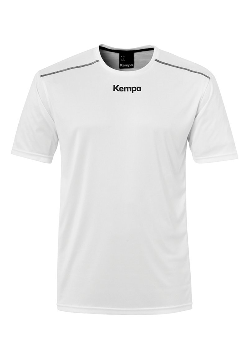 Witte t-shirt met korte mouwen, gemaakt van ademend materiaal. Voorzien van een zwart logo "Kempa" op de voorkant en subtiele accenten op de schouders.