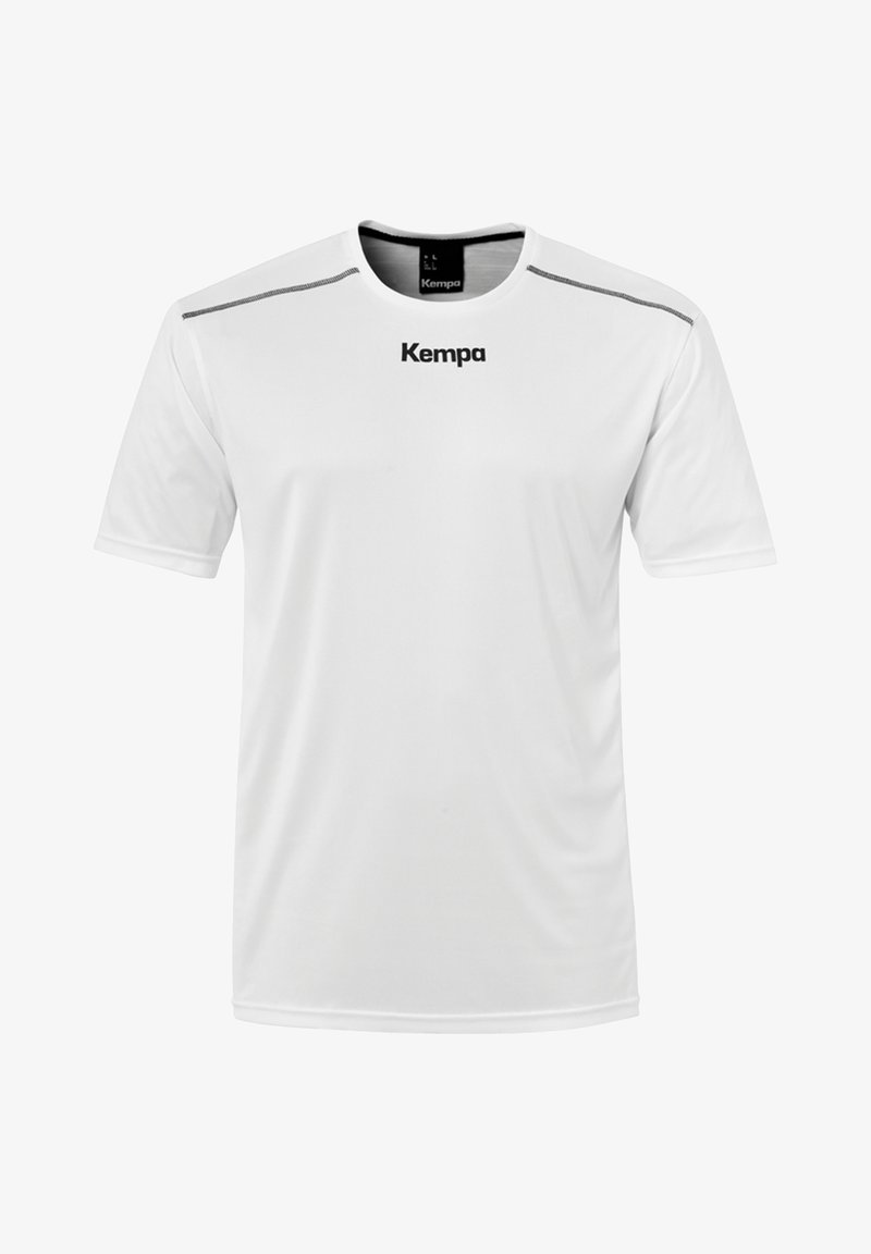 Camiseta de manga corta blanca fabricada con un tejido transpirable. Presenta un logo negro "Kempa" en la parte delantera y sutiles detalles en los hombros.
