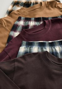 Four garments: a brown top, a maroon top, a black top, and plaid bottoms featuring navy, white, and burgundy colors in a soft cotton blend.