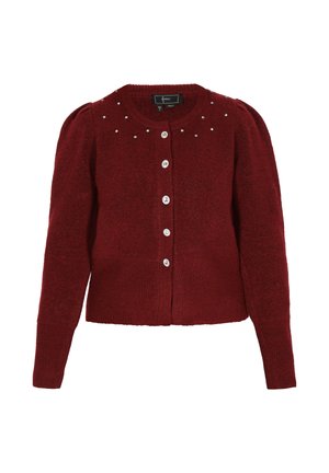 Cardigan tricotat burgund cu guler rotund, mâneci bufante, închidere cu cinci butoane și embellishments cu ținte pe umeri.