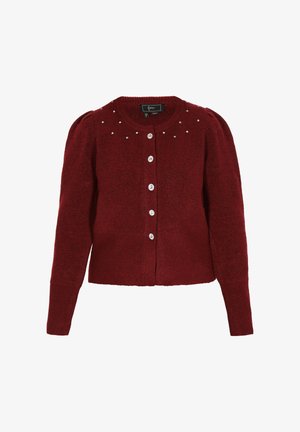 Cardigan lavorato a maglia color borgogna con collo rotondo, maniche a sbuffo, chiusura con cinque bottoni e decorazioni con borchie lungo le spalle.