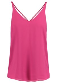 Haut sans manches de couleur rose vif, avec un décolleté en V et des bretelles fines doubles. Fabriqué en tissu léger et lisse, avec une coupe décontractée et un ourlet arrondi.