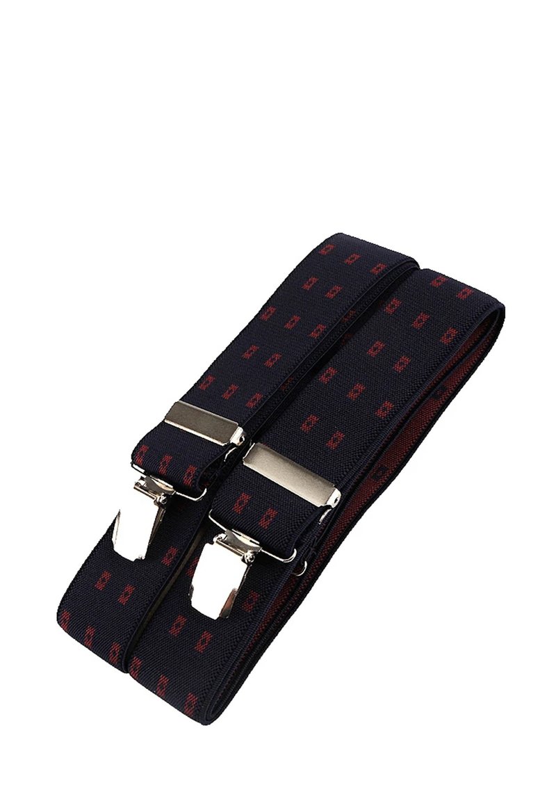 Navy elastic suspenders with red geometric pattern, featuring silver metal clips and adjustable length for secure fit.