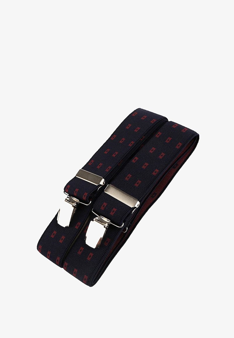 Marinefarbene elastische Hosenträger mit rotem geometrischen Muster, ausgestattet mit silbernen Metallclips und verstellbarer Länge für einen sicheren Sitz.