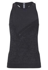 Camiseta deportiva sin mangas negra con sección superior de malla y sección inferior de patrón sutil, con la marca "Stella McCartney".