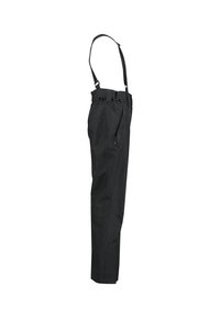 Pantaloni da neve neri isolati con bretelle regolabili, tasche laterali e vestibilità a gamba dritta, mostrati di profilo.