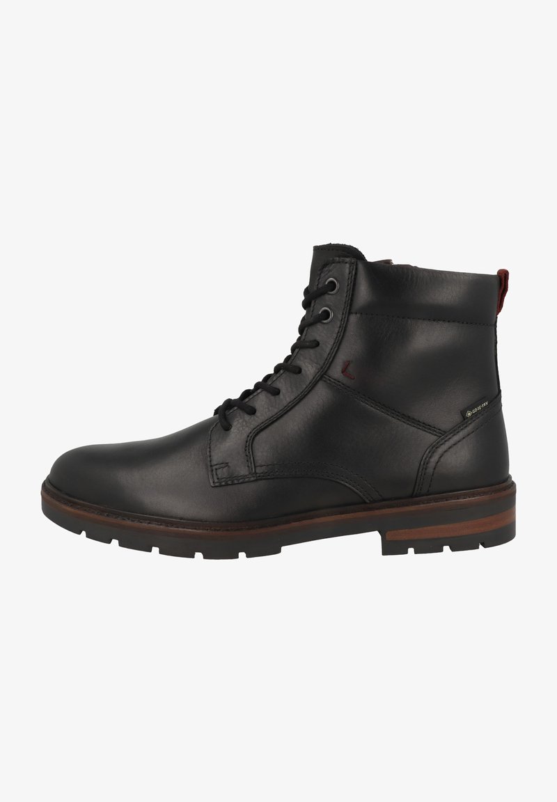 Stivali alla caviglia in pelle nera con un design lacciato, colletto imbottito e suola in gomma marrone. Presenta un logo discreto e una linguetta sul retro.
