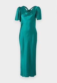 Abito di raso teal con maniche a sbuffo corte, scollo a cowl con un laccio intrecciato sul retro e una silhouette dritta, lunga fino alla caviglia.