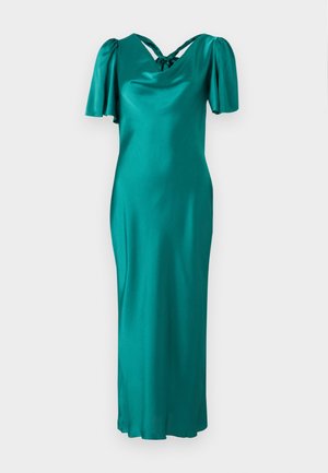 Teal satin klänning med korta puffärmar, en kavajhalsringning med en flätad snörning i ryggen, och en rak, ankellång silhuett.