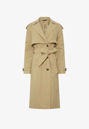 Beige trenchcoat tot op de knie met brede revers, tailleband die in een strik is geknoopt, knoopsluiting en riemdetails op de manchetten en schouders.